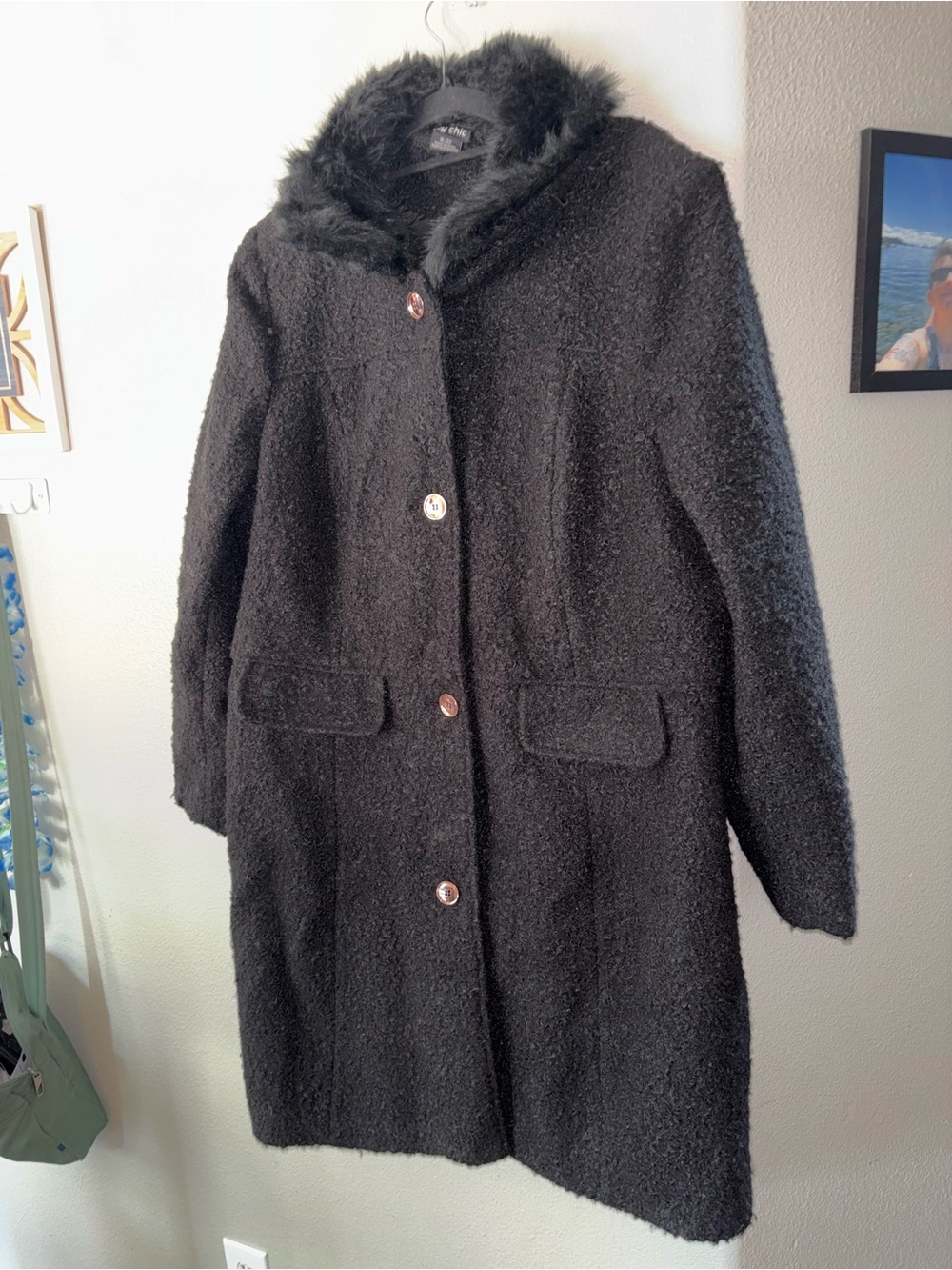 City Chic Winter Rose Black Bouclé Coat Faux Fur Collar Plus Size XL 22